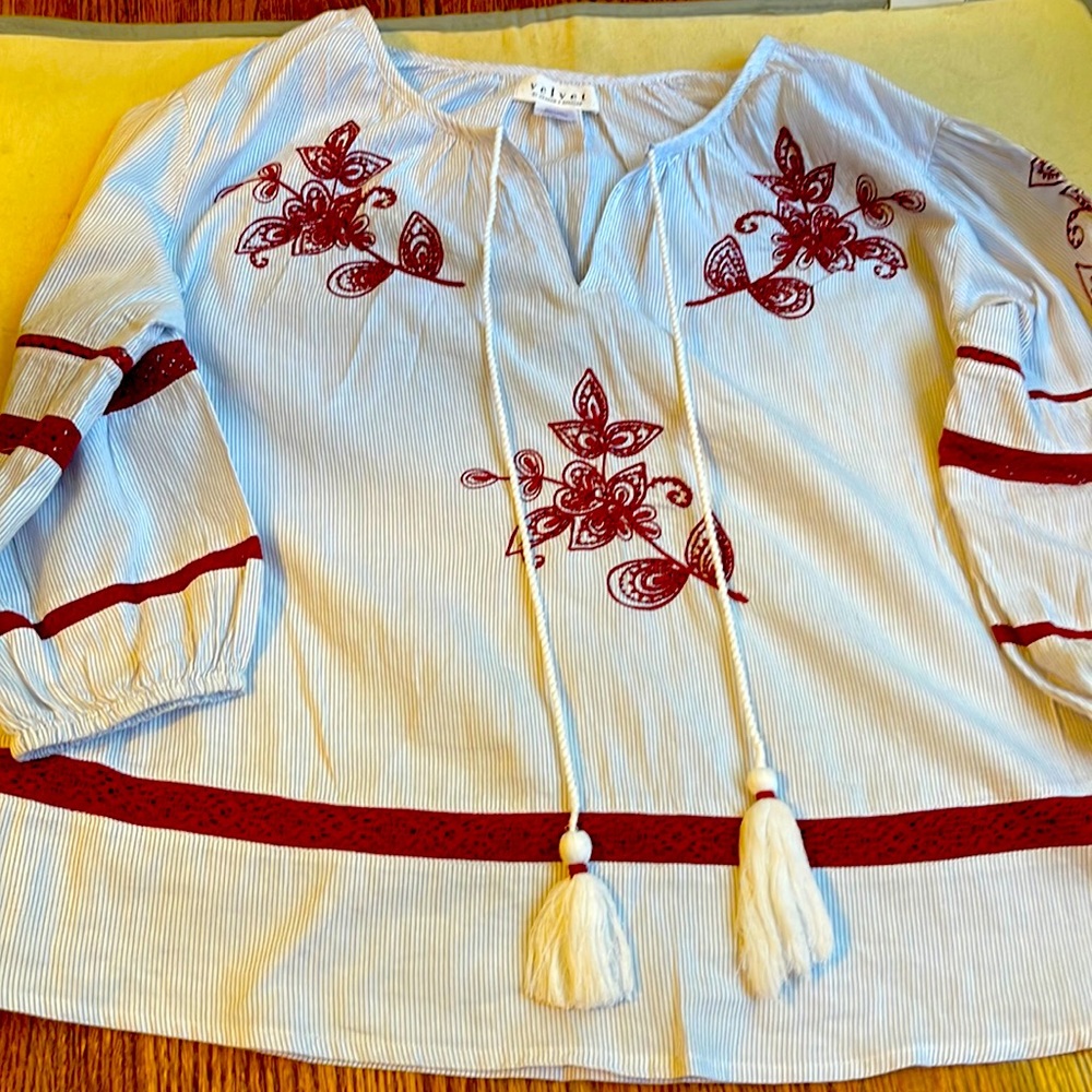 COPY - Velvet top S , blue and white pin stripe with dark red embroidery
